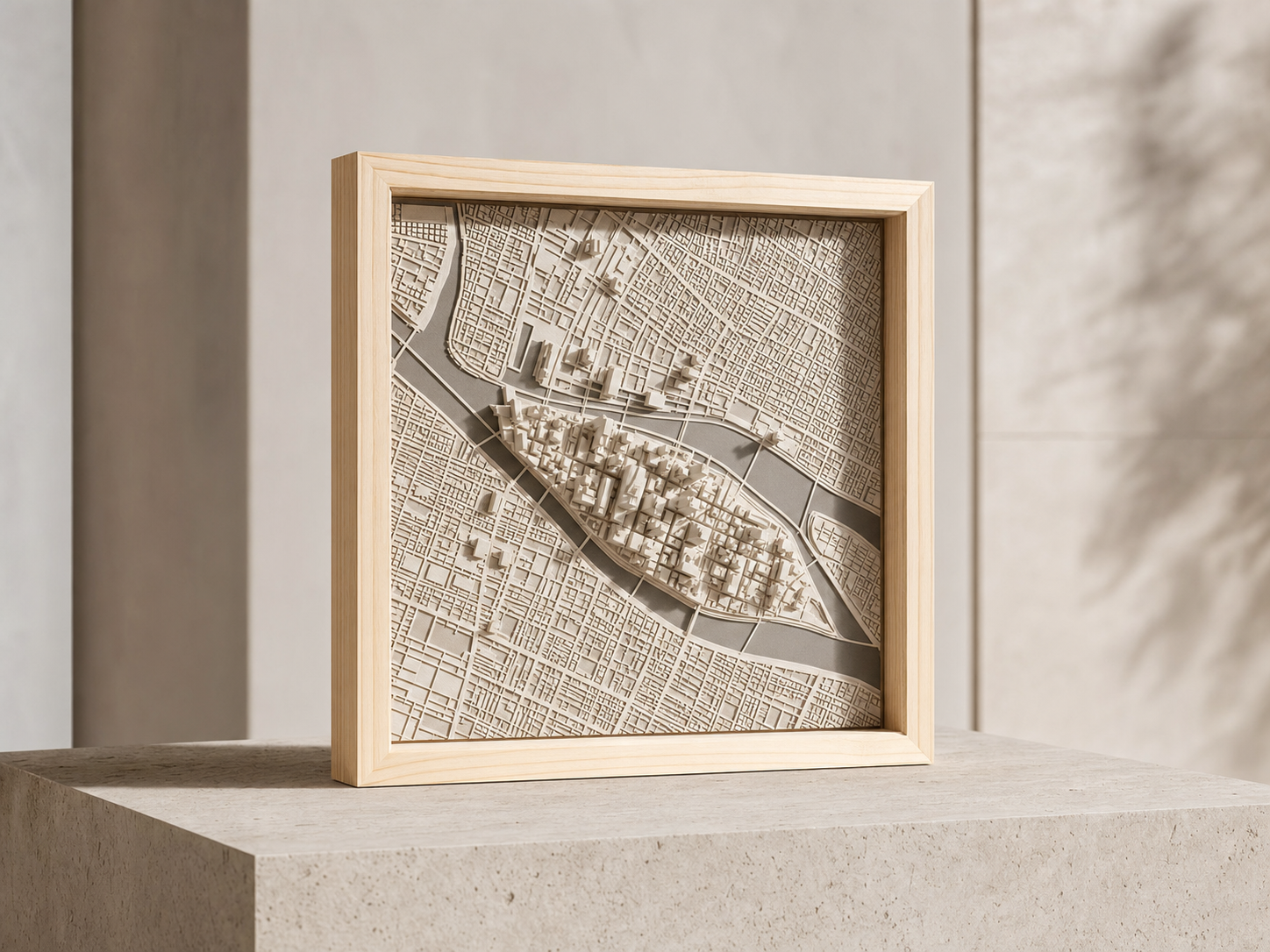 Framed architectural model in a contemporary design studio