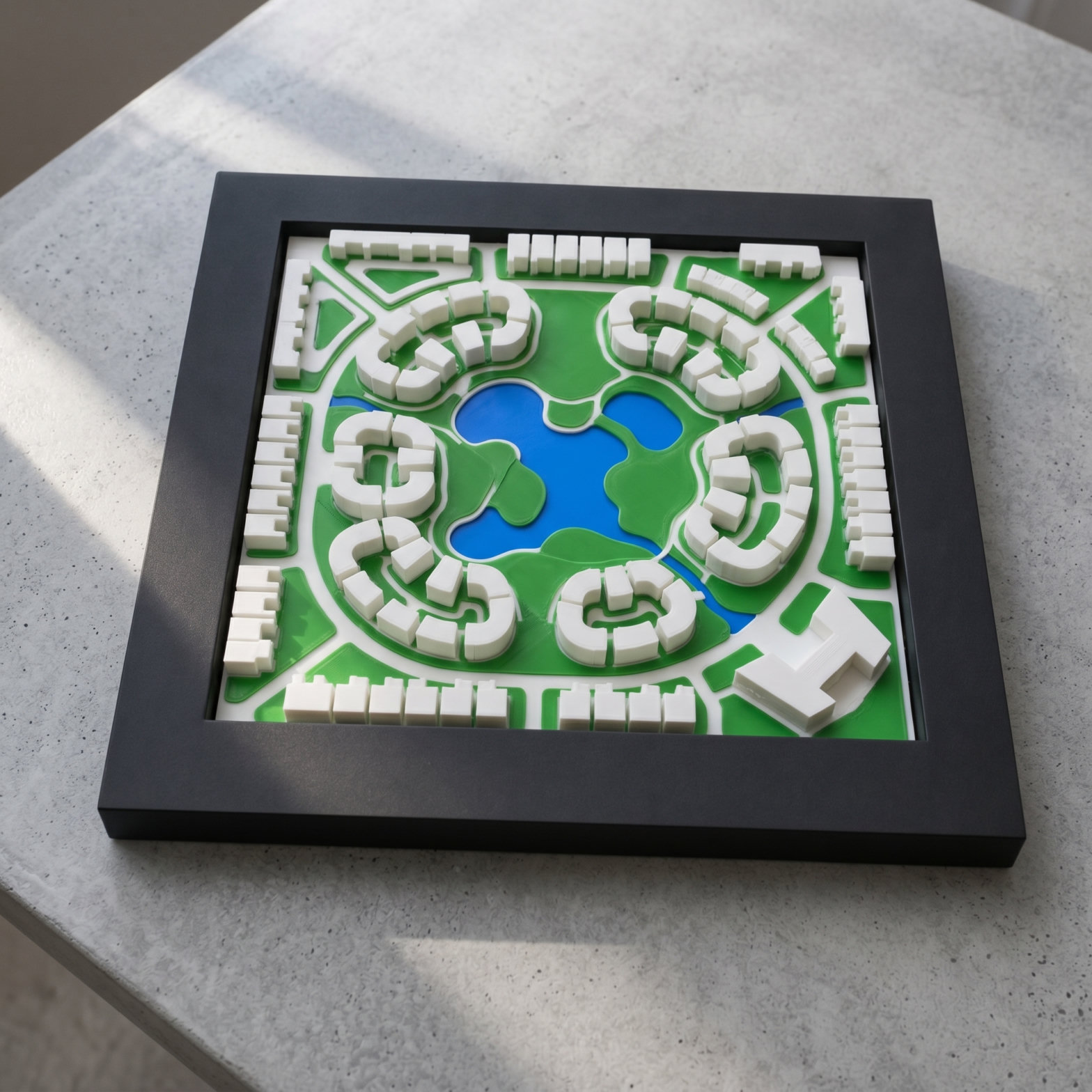 Custom 3D model of a circular masterplan compound in a wood frame