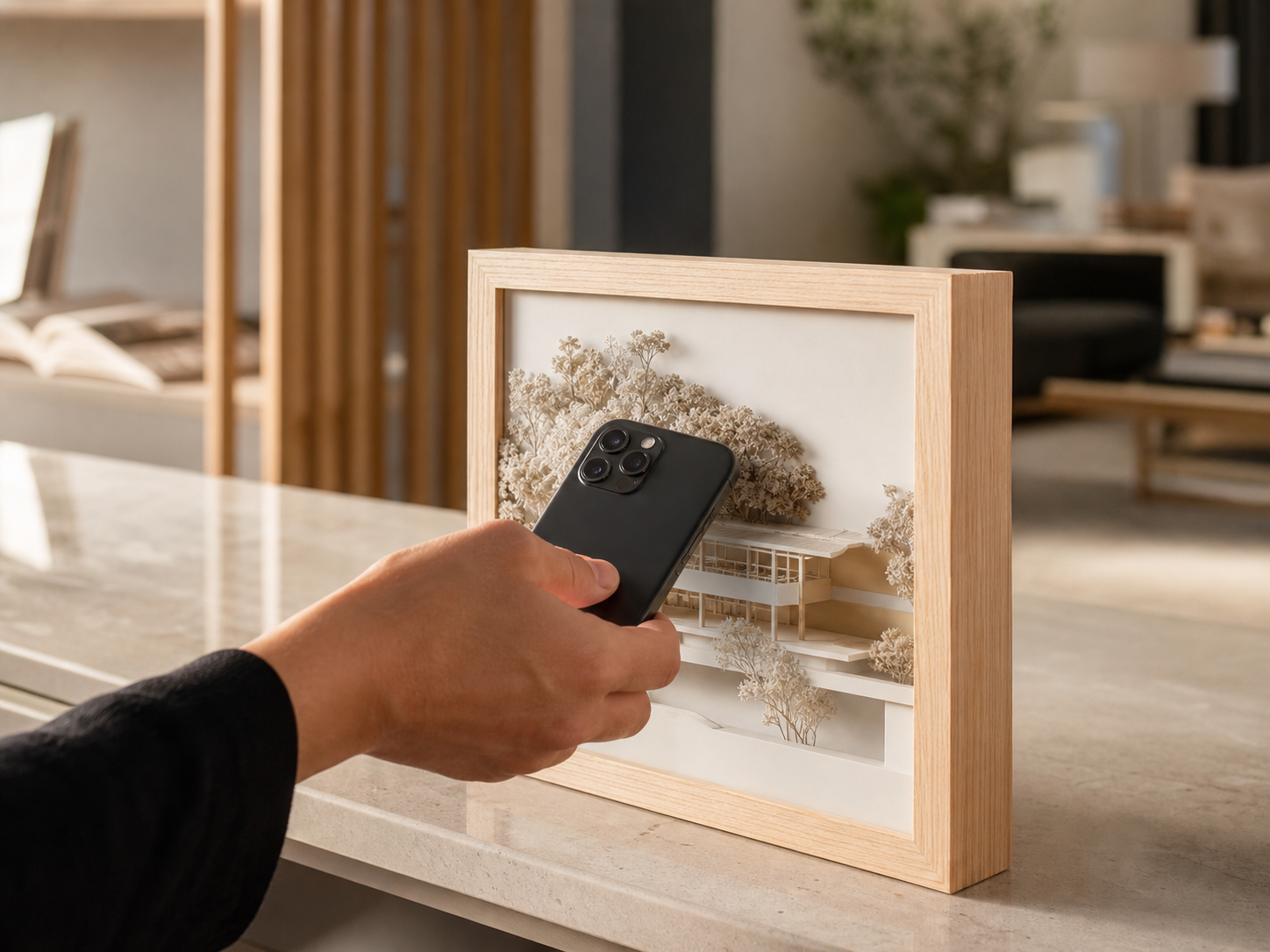 Tapping a phone on a Framed model to open digital content